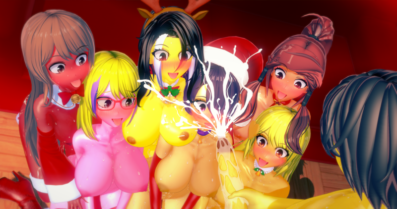 Size: 4096x2160 | Tagged: explicit, artist:princerex, derpibooru import, oc, oc:cee sharp, oc:golden lust, oc:lentana hilano, oc:rex caliber, oc:shizuki, oc:victoria heartsong, oc:zedwin, unofficial characters only, human, christmas, christmas outfit, clothes, cock worship, cum, cumming, harem, hat, holiday, humanized, humanized oc, image, png, santa hat