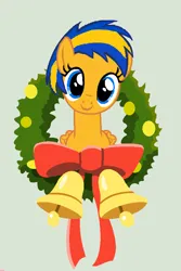 Size: 600x900 | Tagged: safe, artist:mlpfan3991, derpibooru import, oc, oc:flare spark, unofficial characters only, pegasus, bell, christmas, female, g4, green background, holiday, image, jingle bells, looking at you, png, simple background, smiling, solo, wreath