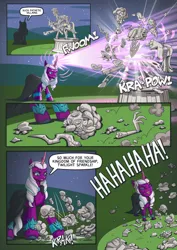 Size: 751x1063 | Tagged: semi-grimdark, artist:mysticalpha, derpibooru import, cozy glow, lord tirek, queen chrysalis, alicorn, centaur, changeling, changeling queen, pegasus, pony, taur, g5, beam, broken, cloak, clothes, comic, commission, death, destruction, evil laugh, female, filly, foal, image, jpeg, laughing, legion of doom, legion of doom statue, male, mare, mocking, murder, opaline arcana, shattered, this ended in death