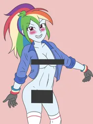 Size: 2100x2800 | Tagged: suggestive, artist:sumin6301, derpibooru import, rainbow dash, human, equestria girls, belly button, blushing, breasts, busty rainbow dash, censor bar, censored, censored breasts, clothes, female, g4, gloves, high res, image, jacket, jpeg, looking at you, open clothes, open jacket, ponytail, simple background, smiling, smiling at you, socks, solo, solo female, teeth, white socks