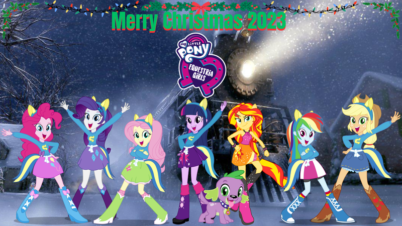 Size: 1920x1080 | Tagged: safe, artist:dipperbronypines98, derpibooru import, applejack, fluttershy, pinkie pie, rainbow dash, rarity, sci-twi, spike, sunset shimmer, twilight sparkle, dog, human, equestria girls, 2023, christmas, g4, holiday, humane five, humane seven, humane six, image, merry christmas, png, ponied up, spike the dog, the polar express, train