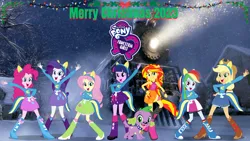 Size: 1920x1080 | Tagged: safe, artist:dipperbronypines98, derpibooru import, applejack, fluttershy, pinkie pie, rainbow dash, rarity, sci-twi, spike, sunset shimmer, twilight sparkle, dog, human, equestria girls, 2023, christmas, g4, holiday, humane five, humane seven, humane six, image, merry christmas, png, ponied up, spike the dog, the polar express, train