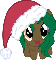 Size: 791x848 | Tagged: safe, artist:lelnn_189, derpibooru import, oc, oc:formione, demon, demon pony, original species, pony, christmas, cute, hat, holiday, image, looking at you, png, santa hat, sitting, smiling, smiling at you