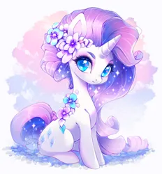 Size: 800x861 | Tagged: safe, artist:cabbage-arts, derpibooru import, rarity, pony, unicorn, cute, eyebrows, female, flower, flower in hair, g4, horn, image, jpeg, looking at you, mare, raribetes, sitting, smiling, smiling at you, solo, sparkles