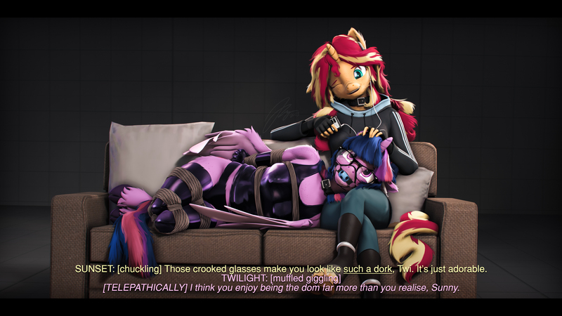 Size: 9600x5400 | Tagged: suggestive, artist:imafutureguitarhero, derpibooru import, sci-twi, sunset shimmer, twilight sparkle, twilight sparkle (alicorn), alicorn, anthro, classical unicorn, unguligrade anthro, unicorn, series:twilight's sexual deviancy, 3d, absurd file size, absurd resolution, adidas, adorasexy, adorkable, alicornified, arm behind back, arm fluff, arm freckles, ballgag, bdsm, belly fluff, black bars, blushing, bondage, boots, bound, bound and gagged, box tied, cheek fluff, chest fluff, chest freckles, chromatic aberration, chuckle, clothes, cloven hooves, collar, colored eyebrows, colored eyelashes, colored wings, couch, crooked glasses, crossed legs, cute, cute porn, dialogue, domset, dork, drool, drool on face, duo, ear fluff, ear freckles, earbuds, evening gloves, female, femsub, film grain, fingerless gloves, floppy ears, fluffy, fluffy hair, fluffy mane, fluffy tail, freckles, fur, g4, gag, gentle femdom, giggling, glasses, gloves, hand on head, happy, happy bondage, harness, harness ballgag, harness gag, head on lap, hip freckles, hoodie, hoof boots, hoof fluff, horn, image, ipod, jacket, jpeg, latex, latex clothes, latex gloves, latex panties, latex socks, laughing, leather, leather boots, leg fluff, leonine tail, letterboxing, long gloves, long hair, long mane, looking at each other, looking at someone, mp3 player, multicolored hair, multicolored mane, multicolored tail, neck fluff, nose wrinkle, on couch, one ear down, one eye closed, open mouth, paintover, panties, peppered bacon, pillow, race swap, restrained, revamped anthros, revamped ponies, rope, rope bondage, ropes, sci-twilicorn, sexy, sharing headphones, shibari, shiny, shoes, shoulder fluff, shoulder freckles, signature, smiling, smiling at each other, socks, source filmmaker, stage.bsp, striped gloves, subdorable, submissive, subtitles, tack, tail, tanktop, telepathy, text, twisub, two toned wings, underhoof, underwear, unshorn fetlocks, wall of tags, wholesome, wing fluff, wing freckles, wings, wink