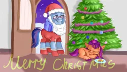 Size: 1920x1080 | Tagged: safe, artist:jbond, derpibooru import, sunny starscout, earth pony, pony, g5, my little pony: a new generation, argyle starshine, christmas, christmas tree, clothes, cookie, costume, cute, duo, eyes closed, fake beard, female, filly, foal, food, glasses, hat, holiday, image, male, night, png, postcard, present, santa costume, santa hat, sleeping, stallion, text, tree, unshorn fetlocks