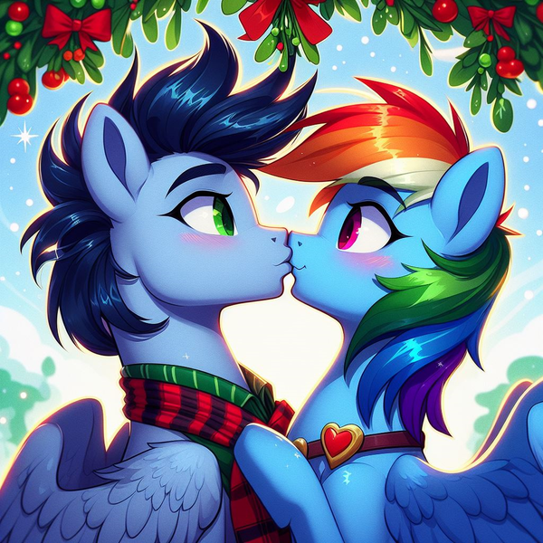 Size: 1024x1024 | Tagged: safe, ai content, derpibooru import, machine learning generated, prompter:*rainbow dash*, rainbow dash, soarin', blushing, clothes, collar, female, generator:bing image creator, image, kissing, male, mistletoe, png, scarf, shipping, snow, soarindash, straight