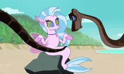 Size: 770x462 | Tagged: safe, artist:ocean lover, derpibooru import, edit, silverstream, python, seapony (g4), snake, arms in the air, background, beach, boulder, cloud, crossover, disney, fins, fish tail, hill, hypno eyes, hypnosis, hypnotized, image, jewelry, jpeg, kaa, kaa eyes, looking at each other, looking at someone, necklace, ocean, outdoors, pearl necklace, rock, sand, seapony silverstream, sitting, sky, swirly eyes, tail, tail fin, the jungle book, thumbnail, tree, two toned hair, two toned tail, water, youtube link, youtube thumbnail