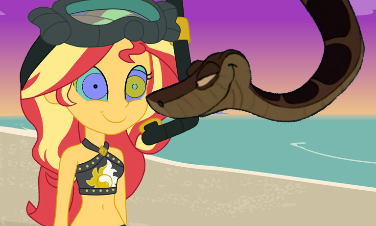 Size: 768x461 | Tagged: safe, artist:ocean lover, derpibooru import, edit, sunset shimmer, human, python, snake, equestria girls, equestria girls series, unsolved selfie mysteries, background, bare midriff, bare shoulders, beach, belly button, bikini, bikini top, clothes, cloud, crossover, disney, dive mask, goggles, hypno eyes, hypnosis, hypnotized, image, jpeg, kaa, kaa eyes, looking at each other, looking at someone, midriff, ocean, outdoors, sand, sky, smiling, snorkel, sunset, sunset shimmer's beach shorts swimsuit, swimsuit, swirly eyes, the jungle book, thumbnail, trance, two toned hair, water, wave, youtube link, youtube thumbnail