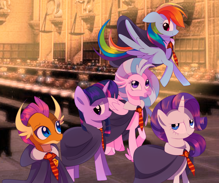 Size: 1516x1267 | Tagged: safe, artist:v king 14, derpibooru import, rainbow dash, rarity, silverstream, smolder, twilight sparkle, dragon, hippogriff, pegasus, unicorn, harry potter (series), image, png, unicorn twilight