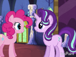 Size: 640x480 | Tagged: safe, artist:peanutfrogy, derpibooru import, pinkie pie, starlight glimmer, earth pony, pony, unicorn, animated, awkward, chaos, duo, eye play, eyeball, female, g4, gif, glimmerpie, ibispaint x, image, jumpscare, lesbian, looking at each other, looking at someone, looking at you, looking away, scared, scary, shipping, show accurate, stare, staring into your soul, twilight's castle, uncomfortable, waving