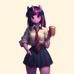 Size: 2048x2048 | Tagged: safe, ai content, derpibooru import, machine learning generated, prompter:krivovyaz, twilight sparkle, anthro, unicorn, g4, clothes, coffee cup, coffee mug, cup, female, generator:bing image creator, high res, image, miniskirt, mug, necktie, png, shirt, simple background, skirt, smiling, solo