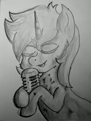 Size: 3072x4080 | Tagged: safe, artist:moonlightrift, derpibooru import, oc, oc:mrsome1, unofficial characters only, unicorn, holding, image, jpeg, male, microphone, ponysona, solo, traditional art