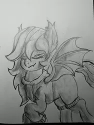 Size: 3072x4080 | Tagged: safe, artist:moonlightrift, derpibooru import, oc, oc:penny, unofficial characters only, bat pony, clothes, ear fluff, female, hoodie, image, jpeg, solo, spread wings, tail, traditional art, uwu, wings