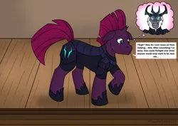 Size: 2283x1614 | Tagged: safe, artist:sparkbolt3020, derpibooru import, storm king, tempest shadow, unicorn, my little pony: the movie, broken horn, commission, horn, image, png, speech bubble, stage, storm king's emblem, thought bubble, transformation