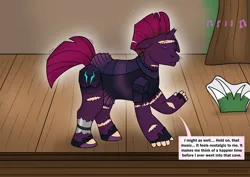 Size: 2283x1614 | Tagged: safe, artist:sparkbolt3020, derpibooru import, tempest shadow, amputee, clothes, commission, dancing, image, music notes, png, prosthetic limb, prosthetics, speech bubble, stage, tomboy taming, transformation, tutu