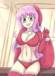Size: 2066x2854 | Tagged: suggestive, artist:sumin6301, derpibooru import, fluttershy, human, equestria girls, 2d, belly button, blushing, bra, breasts, busty fluttershy, christmas, christmas outfit, cleavage, clothes, collar, erect nipples, eyeshadow, female, g4, grin, hat, holiday, image, indoors, jpeg, looking at you, makeup, midriff, nervous, nervous grin, panties, santa hat, sitting, smiling, smiling at you, socks, solo, thigh highs, underwear