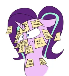 Size: 800x882 | Tagged: suggestive, artist:anontheanon, edit, editor:strifesnout, ponerpics import, starlight glimmer, pony, unicorn, colored, confused, female, frown, image, mare, png, post-it, post-it notes, solo, sticky note