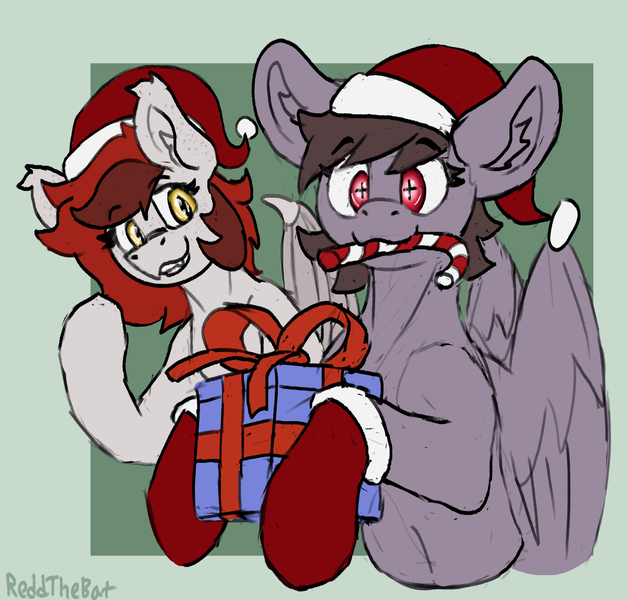 Size: 1887x1802 | Tagged: safe, artist:reddthebat, derpibooru import, oc, oc:aliceg, oc:reddthebat, unofficial characters only, bat pony, pegasus, pony, bat pony oc, bat wings, candy, candy cane, christmas, christmas presents, clothes, duo, female, food, green background, hat, holiday, image, mare, mouth hold, passepartout, png, present, santa hat, signature, simple background, socks, unusual pupils, waving, waving at you, wings