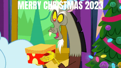 Size: 520x293 | Tagged: safe, derpibooru import, edit, edited screencap, editor:quoterific, screencap, discord, fluttershy, best gift ever, christmas, g4, gif, holiday, image, merry christmas