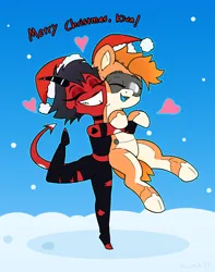 Size: 1000x1266 | Tagged: safe, artist:kumakum, derpibooru import, millie, oc, oc:kiva, pony, christmas, commission, cute, hat, heart, helluva boss, holiday, hug, image, png, santa hat, smiling, snow, text, wholesome