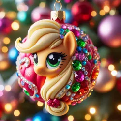Size: 1024x1024 | Tagged: prompter needed, safe, ai content, derpibooru import, machine learning generated, applejack, earth pony, pony, blurry background, christmas, christmas ornament, decoration, female, g4, generator:dall-e 3, hatless, holiday, image, jewels, jpeg, mare, missing accessory, smiling, solo