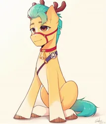 Size: 1751x2048 | Tagged: safe, artist:xiaowu07, derpibooru import, hitch trailblazer, earth pony, pony, g5, bell, bell collar, bridle, collar, cute, hitchbetes, image, jpeg, looking at you, male, sheriff's badge, simple background, sitting, smiling, smiling at you, solo, stallion, tack