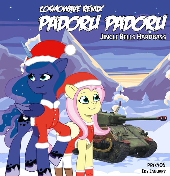 Size: 1194x1242 | Tagged: safe, artist:edy_january, artist:prixy05, derpibooru import, fluttershy, princess luna, alicorn, pegasus, pony, g5, my little pony: tell your tale, album, album cover, album parody, christmas, clothes, cosmowave, costume, duo, duo female, female, fluttersanta, g4, hardbass, hat, holiday, image, lesbian, lunasanta, m4 sherman, music, partners, png, rudolph (sherman tank), santa costume, santa hat, sherman (tank), ship:lunashy, shipping, simple background, song, tank (vehicle), team up, winter, world of tanks, world of tanks blitz