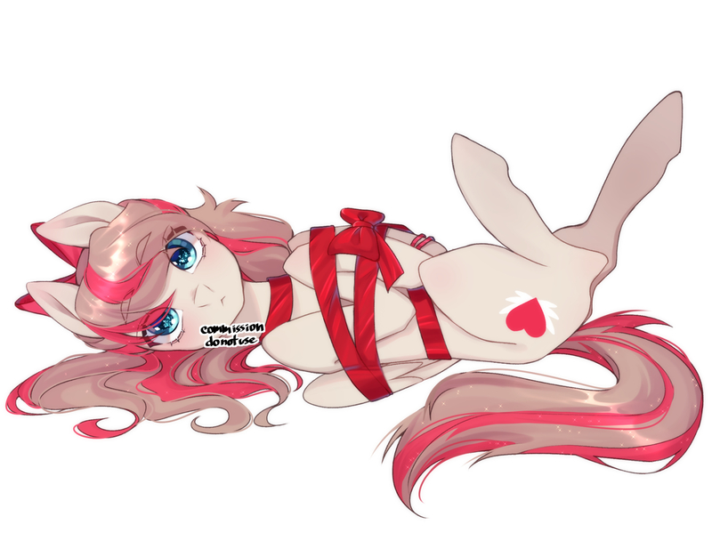 Size: 1990x1490 | Tagged: safe, artist:ruru_01, derpibooru import, angel wings, pegasus, pony, blue eyes, blushing, bow, christmas, female, folded wings, hair bow, holiday, image, jpeg, looking at you, lying down, mare, simple background, solo, tied up, white background, wings