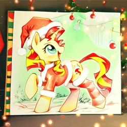 Size: 3072x3072 | Tagged: safe, ai content, derpibooru import, machine learning generated, prompter:sunnysd, stable diffusion, sunset shimmer, pony, unicorn, christmas, clothes, costume, eyebrows, female, g4, generator:purplesmart.ai, happy, hat, high res, holiday, image, looking back, mare, open mouth, open smile, png, raised hoof, santa costume, santa hat, smiling, solo