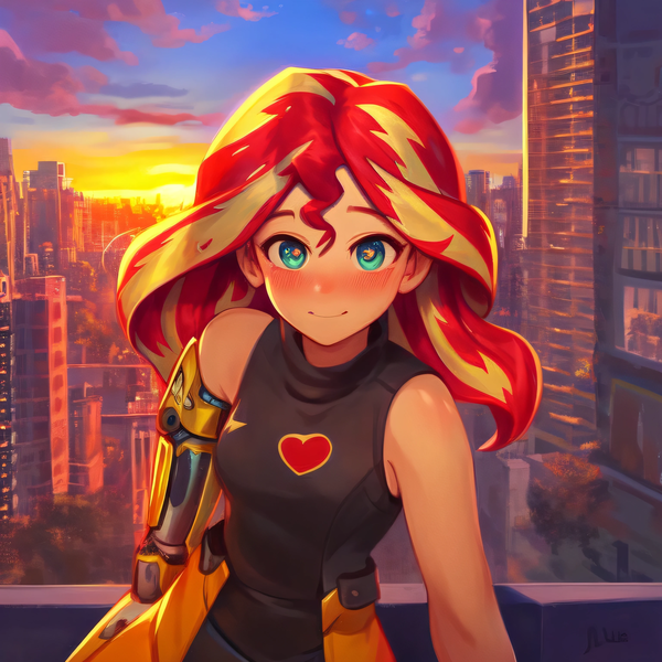Size: 3072x3072 | Tagged: safe, ai content, derpibooru import, machine learning generated, prompter:sunnysd, stable diffusion, sunset shimmer, human, amputee, blushing, city, cityscape, clothes, cute, female, image, looking at you, png, prosthetic arm, prosthetic limb, prosthetics, scenery, shimmerbetes, shirt, sleeveless, sleeveless shirt, solo, sunset