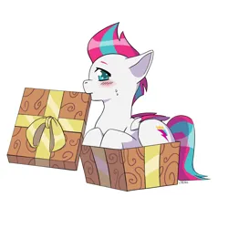 Size: 2000x2000 | Tagged: safe, artist:erein, derpibooru import, zipp storm, pegasus, pony, g5, blushing, box, christmas, colored, commission, cute, female, flat colors, floppy ears, happy, holiday, image, jpeg, multicolored hair, pony in a box, present, simple background, solo, white background, wings