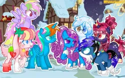 Size: 720x445 | Tagged: safe, artist:painterheart37, derpibooru import, oc, oc:altersmay earth, oc:laura orchid, oc:star shine, unnamed oc, unofficial characters only, alicorn, earth pony, pegasus, pony, unicorn, accessory, alicorn oc, bunny ears, clothes, colored hooves, colored wings, ear piercing, earth pony oc, flying, folded wings, glasses, heterochromia, hoof on chest, horn, image, jewelry, jpeg, leaning forward, looking at each other, looking at someone, necklace, older altersmay earth, pegasus oc, piercing, ponyville, raised hoof, round glasses, septet, signature, smiling, smiling at each other, spread wings, unicorn oc, wings, winter