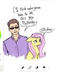 Size: 1587x1950 | Tagged: safe, artist:vajkac2809, derpibooru import, fluttershy, human, pegasus, pony, crossover, duo, duo male and female, female, human male, i think we're gonna have to kill this guy, image, johnny cage, jpeg, male, meme, mortal kombat, oh dear, simple background, sunglasses, white background