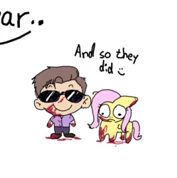Size: 1410x1416 | Tagged: semi-grimdark, artist:vajkac2809, derpibooru import, fluttershy, human, pegasus, pony, :c, blood, crossover, duo, duo male and female, female, frown, human male, image, johnny cage, jpeg, male, mortal kombat, simple background, smiling, sunglasses, white background