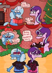 Size: 1448x2048 | Tagged: safe, artist:falloutfurret, derpibooru import, starlight glimmer, trixie, pony, unicorn, book, christmas, christmas stocking, christmas tree, clothes, comic, dialogue, duo, duo female, female, holiday, image, jpeg, lesbian, levitation, lidded eyes, looking at you, magic, mare, present, shipping, shirt, speech bubble, starlight glimmer is not amused, startrix, suddenly hands, t-shirt, telekinesis, tree, unamused