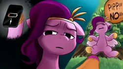 Size: 1920x1080 | Tagged: safe, artist:notfocks, derpibooru import, pipp petals, sunny starscout, earth pony, pegasus, pony, g5, attempted suicide, cliff, dark comedy, dialogue, drama queen, duo, female, image, jpeg, low battery, mare, mobile phone, offscreen character, phone, smartphone, solo focus
