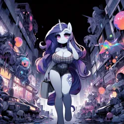 Size: 1024x1024 | Tagged: suggestive, ai content, derpibooru import, machine learning generated, rarity, anthro, unicorn, adorasexy, apocalypse, big breasts, breasts, busty rarity, city, cleavage, curvy, cute, female, g4, horror, hourglass figure, huge breasts, image, jpeg, night, prompter:horselover fat, sexy, solo, surreal