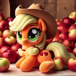 Size: 1024x1024 | Tagged: safe, ai content, derpibooru import, machine learning generated, prompter:morishy1000, applejack, earth pony, apple, applejack's hat, cowboy hat, food, g4, generator:dall-e 3, hat, image, jpeg, plushie, solo, wrong cutie mark