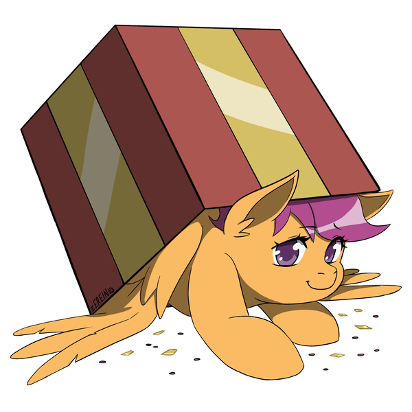 Size: 2000x2000 | Tagged: safe, artist:erein, derpibooru import, scootaloo, pegasus, pony, box, christmas, colored, commission, cute, ears up, female, flat colors, g4, happy, holiday, image, jpeg, pony in a box, present, simple background, smiling, solo, white background, wings