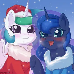 Size: 1500x1500 | Tagged: safe, artist:maravor, derpibooru import, princess celestia, princess luna, alicorn, pony, christmas, clothes, costume, female, g4, hat, holiday, image, mare, png, santa costume, santa hat, smiling