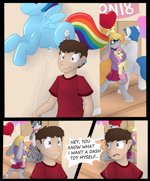 Size: 1500x1800 | Tagged: safe, artist:jearic, derpibooru import, fluttershy, rainbow dash, oc, anthro, human, inflatable pony, pegasus, balloon, comic, convention, furry, fursuit, human to pony, image, inanimate tf, inflatable, plushie, png, ponysuit, transformation