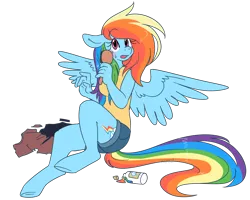 Size: 1448x1159 | Tagged: safe, artist:kipaki, derpibooru import, rainbow dash, anthro, pegasus, unguligrade anthro, clothes, comb, female, g4, human to anthro, image, male to female, open mouth, png, potion, rule 63, simple background, sitting, solo, spread wings, sweat, sweatdrop, torn clothes, transformation, transgender transformation, transparent background, wings