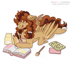 Size: 2133x2133 | Tagged: safe, artist:kikirdcz, derpibooru import, oc, oc:poffertje, unofficial characters only, pegasus, pony, book, female, flour bag, image, lying down, mare, png, prone, simple background, solo, spoon, white background