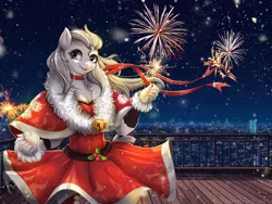 Size: 1600x1200 | Tagged: safe, artist:mdwines, derpibooru import, oc, anthro, earth pony, christmas, clothes, commission, cute, dress, fireworks, fluffy, friendly, gray mane, happy, heartwarming, holiday, image, lace, lights, outfit, png, red dress, scarf, skirt, smiling, snow, snowfall, socks, solo, stockings, thigh highs, winter, winter outfit, ych result, your character here