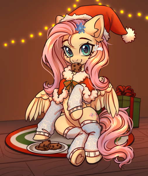 Size: 3800x4500 | Tagged: safe, artist:konejo, derpibooru import, fluttershy, pegasus, pony, absurd resolution, christmas, christmas lights, clothes, commission, cookie, cute, daaaaaaaaaaaw, ear fluff, eyebrows, female, food, g4, hair accessory, hat, high res, holiday, image, indoors, leg warmers, looking at you, mare, mouth hold, partially open wings, pelerine, png, present, raised hoof, santa hat, shyabetes, sitting, smiling, smiling at you, solo, underhoof, wings
