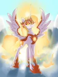 Size: 1536x2048 | Tagged: safe, artist:pyrelynx, derpibooru import, daybreaker, alicorn, pony, antagonist, armor, canterlot, cloud, crepuscular rays, crown, curved horn, digital art, ethereal mane, ethereal tail, eyelashes, eyeshadow, fangs, feather, female, fire, flowing mane, flowing tail, g4, gem, helmet, high res, hoof shoes, horn, image, jewelry, lidded eyes, long horn, looking at you, makeup, mane of fire, mare, mountain, mountain range, peytral, png, princess shoes, regalia, signature, sky, smiling, smiling at you, solo, spread wings, sun, sunlight, tail, tail of fire, teeth, villainess, wing armor, wings, yellow eyes