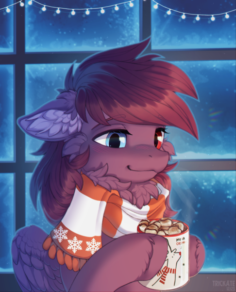 Size: 2000x2471 | Tagged: safe, artist:trickate, derpibooru import, oc, oc:pestyskillengton, unofficial characters only, pegasus, pony, chocolate, clothes, female, food, hot chocolate, image, marshmallow, png, scarf, solo, winter