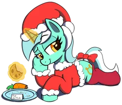 Size: 694x600 | Tagged: safe, artist:maretian, ponerpics import, ponybooru import, lyra heartstrings, pony, unicorn, bow, carrot, christmas, clothes, cookie, costume, female, food, hat, holiday, image, l.u.l.s., lidded eyes, lying down, mare, png, prone, raised eyebrow, santa costume, santa hat, simple background, smug, socks, solo, tail bow, transparent background