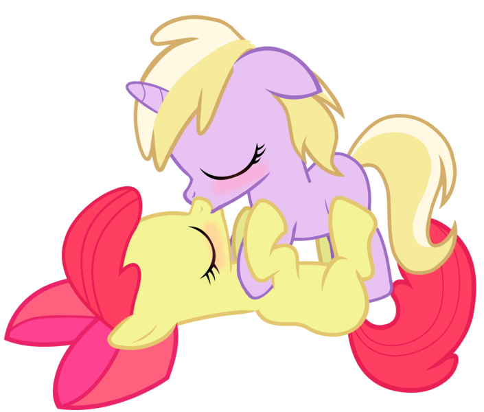 Size: 2539x2160 | Tagged: suggestive, artist:i'm derpy, derpibooru import, apple bloom, dinky hooves, earth pony, pony, unicorn, blushing, embarrassed, female, filly, filly on filly, foalcon, g4, image, kissing, lesbian, mare, png, simple background, transparent background, underage